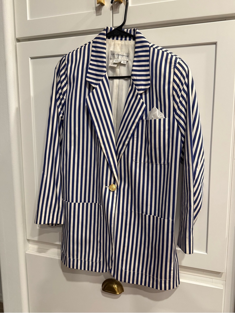 Vintage Liz Claiborne Collection Striped Blue White Blazer w/ Gold Buttons